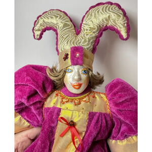 Vintage 24" Handmade Russian Court Jester Harlequin Joker Doll Ornate Fabric